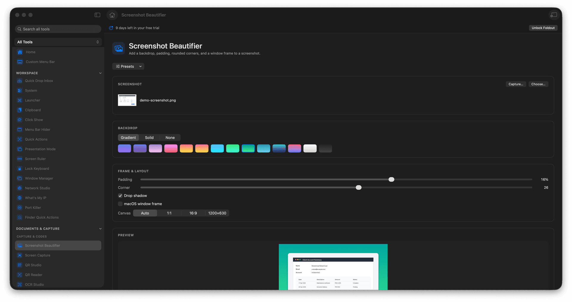 Foldout Turn plain screenshots into polished shareable images tool screen on macOS