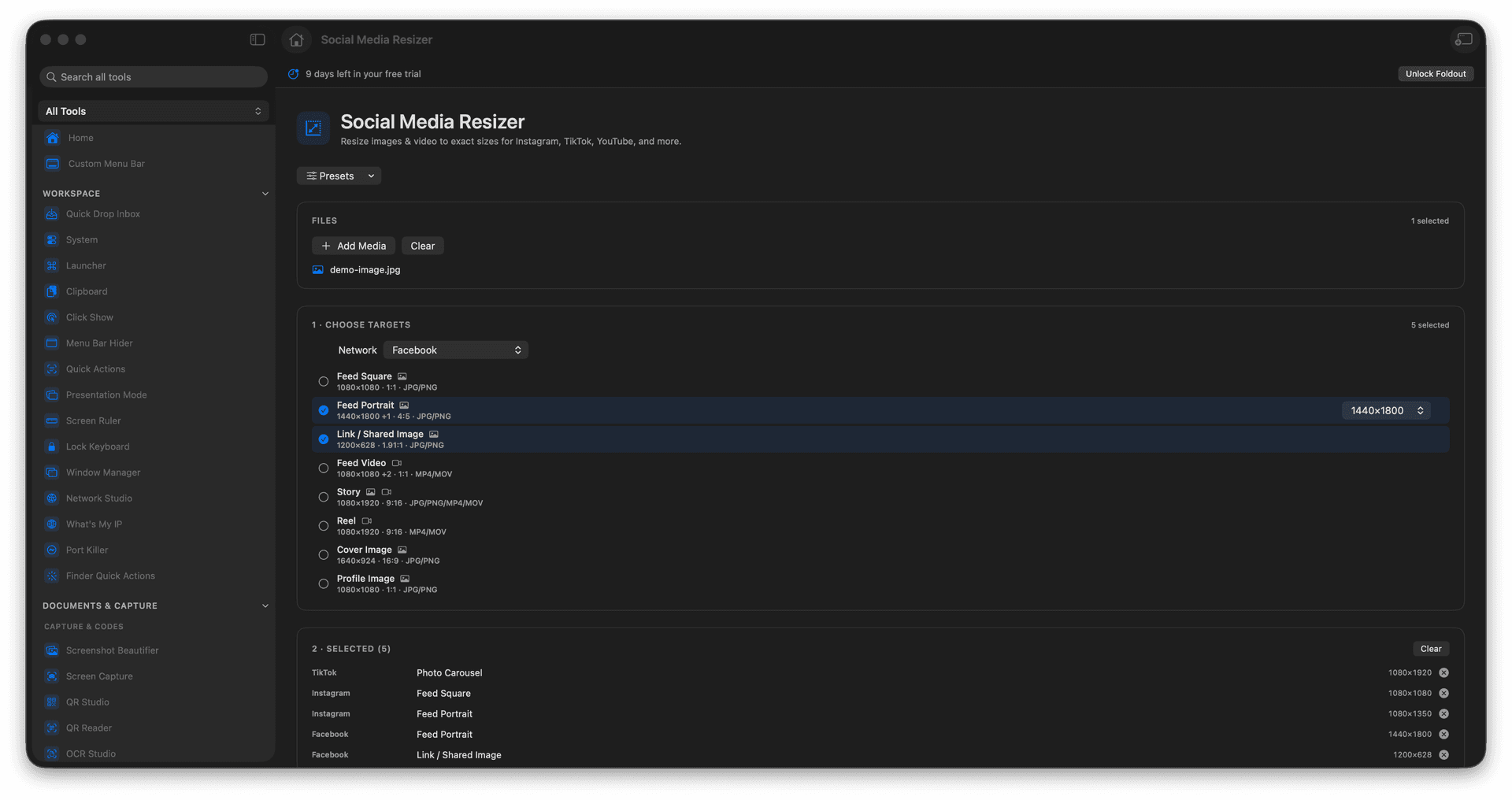Foldout Resize media to exact social platform sizes tool screen on macOS