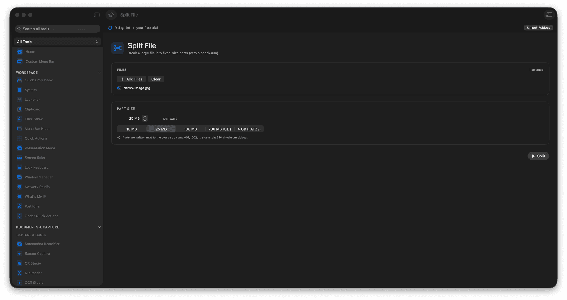 Foldout Break a large file into fixed-size parts tool screen on macOS