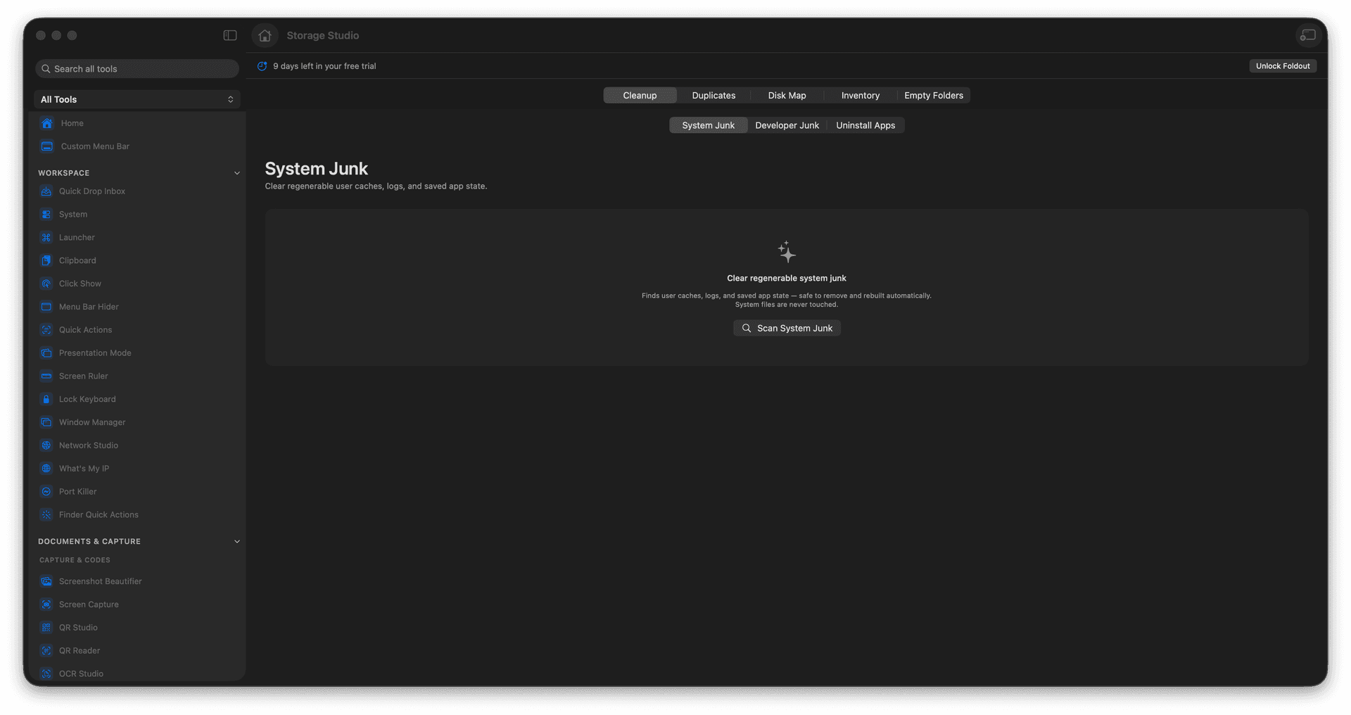 Foldout Reclaim disk space with cleanup, duplicates, disk map, and inventory in one workspace tool screen on macOS