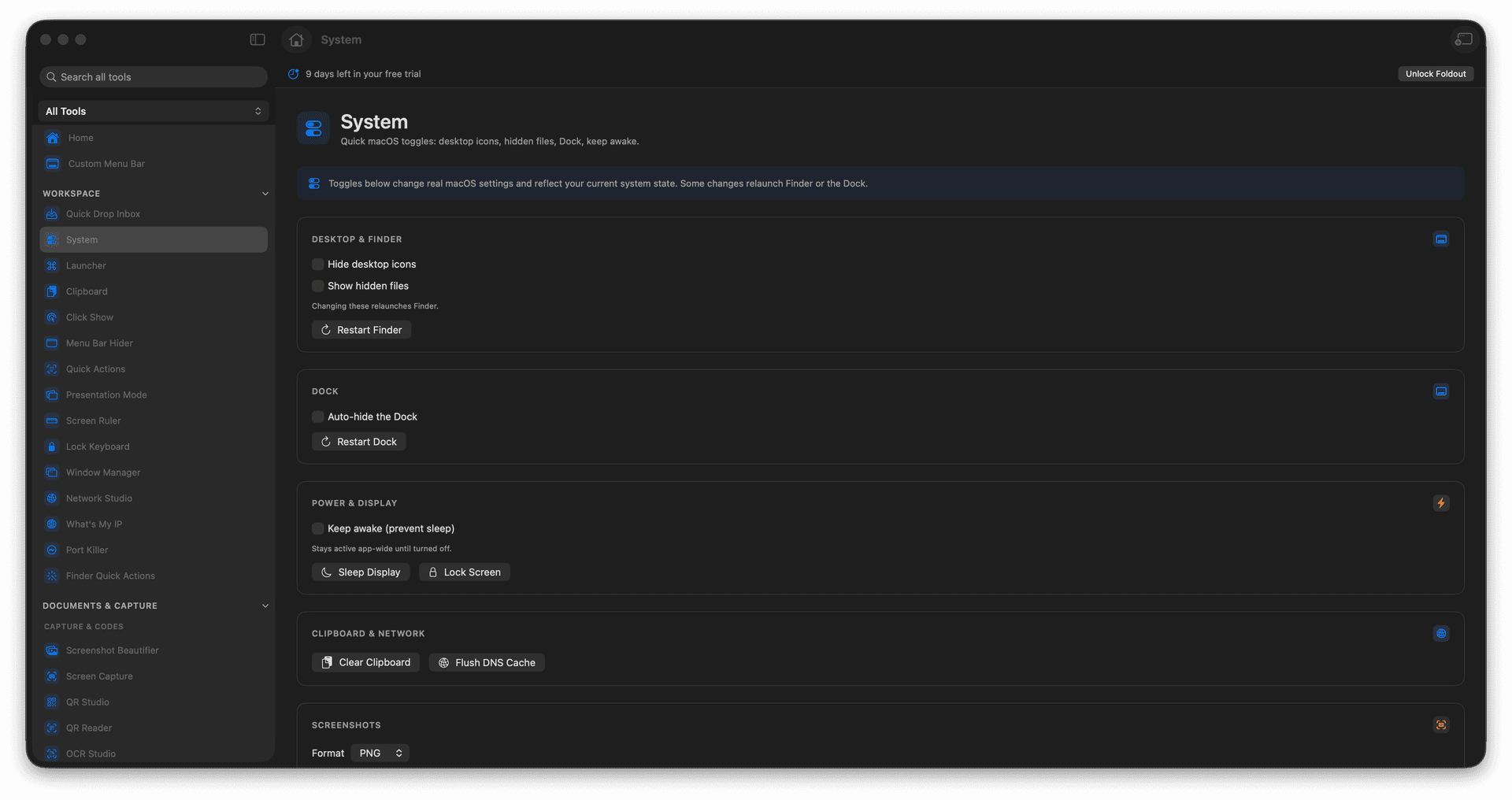 Foldout Toggle common macOS settings from one place tool screen on macOS