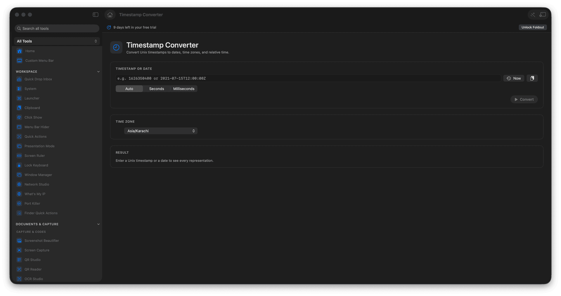 Foldout Convert Unix timestamps into readable dates tool screen on macOS