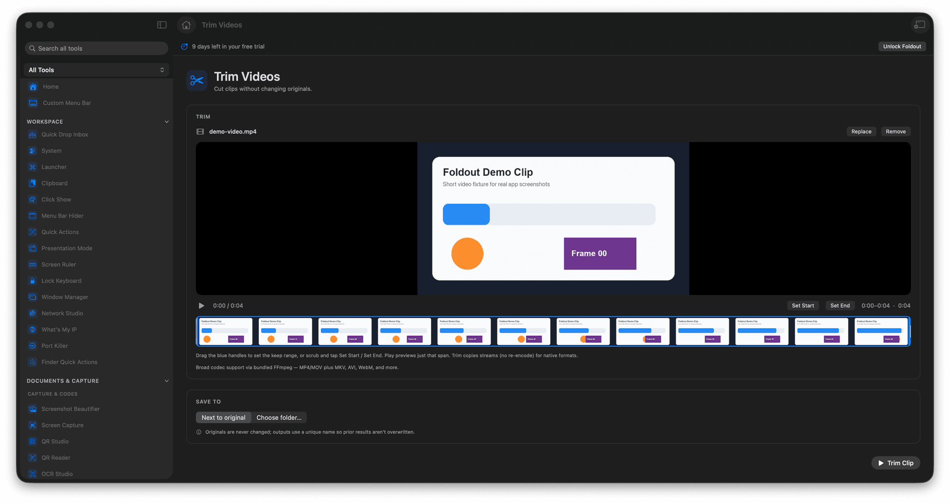 Foldout Cut video clips without touching originals tool screen on macOS