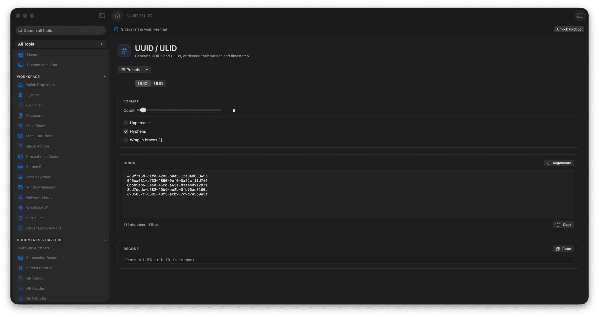 Foldout Generate UUIDs and ULIDs tool screen on macOS