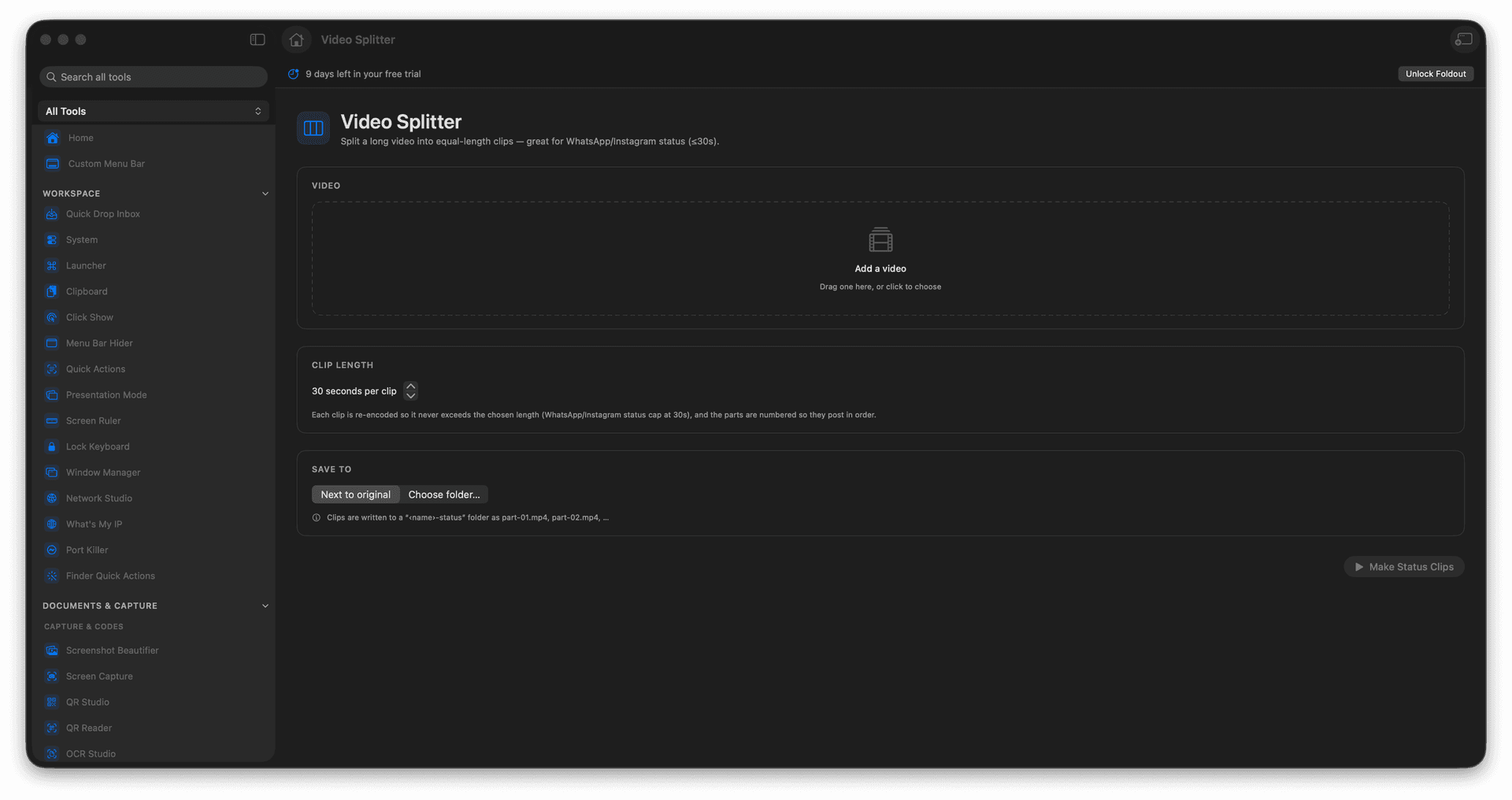 Foldout Split long videos into equal-length clips tool screen on macOS