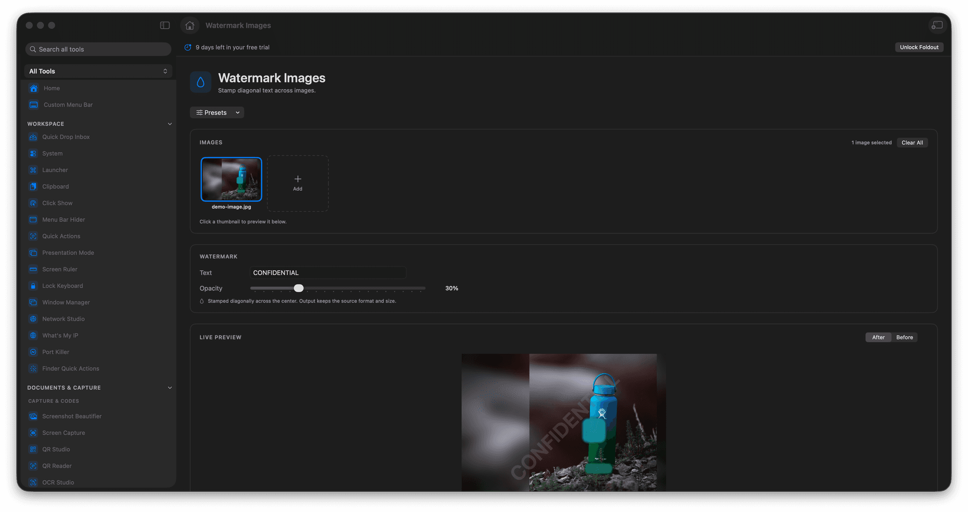 Foldout Stamp diagonal text across images tool screen on macOS