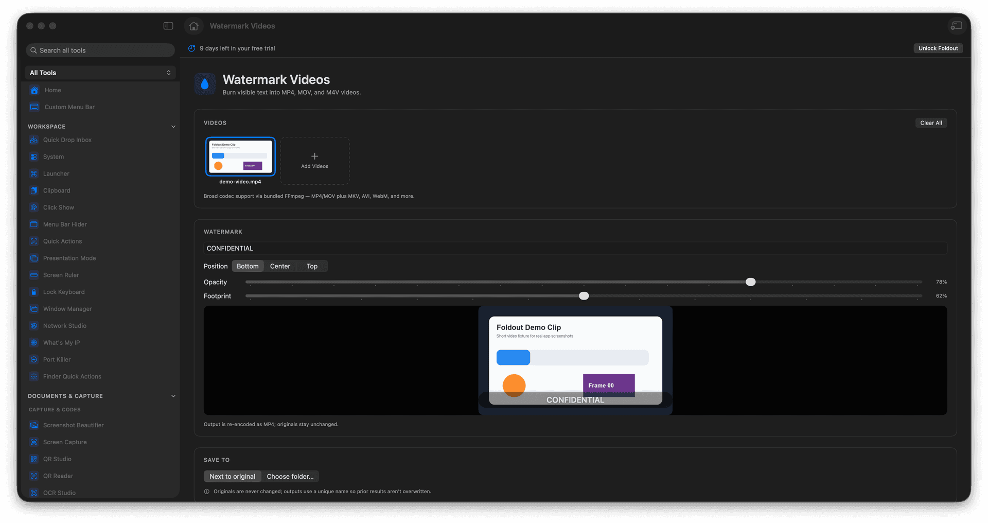 Foldout Add visible text watermarks to videos tool screen on macOS