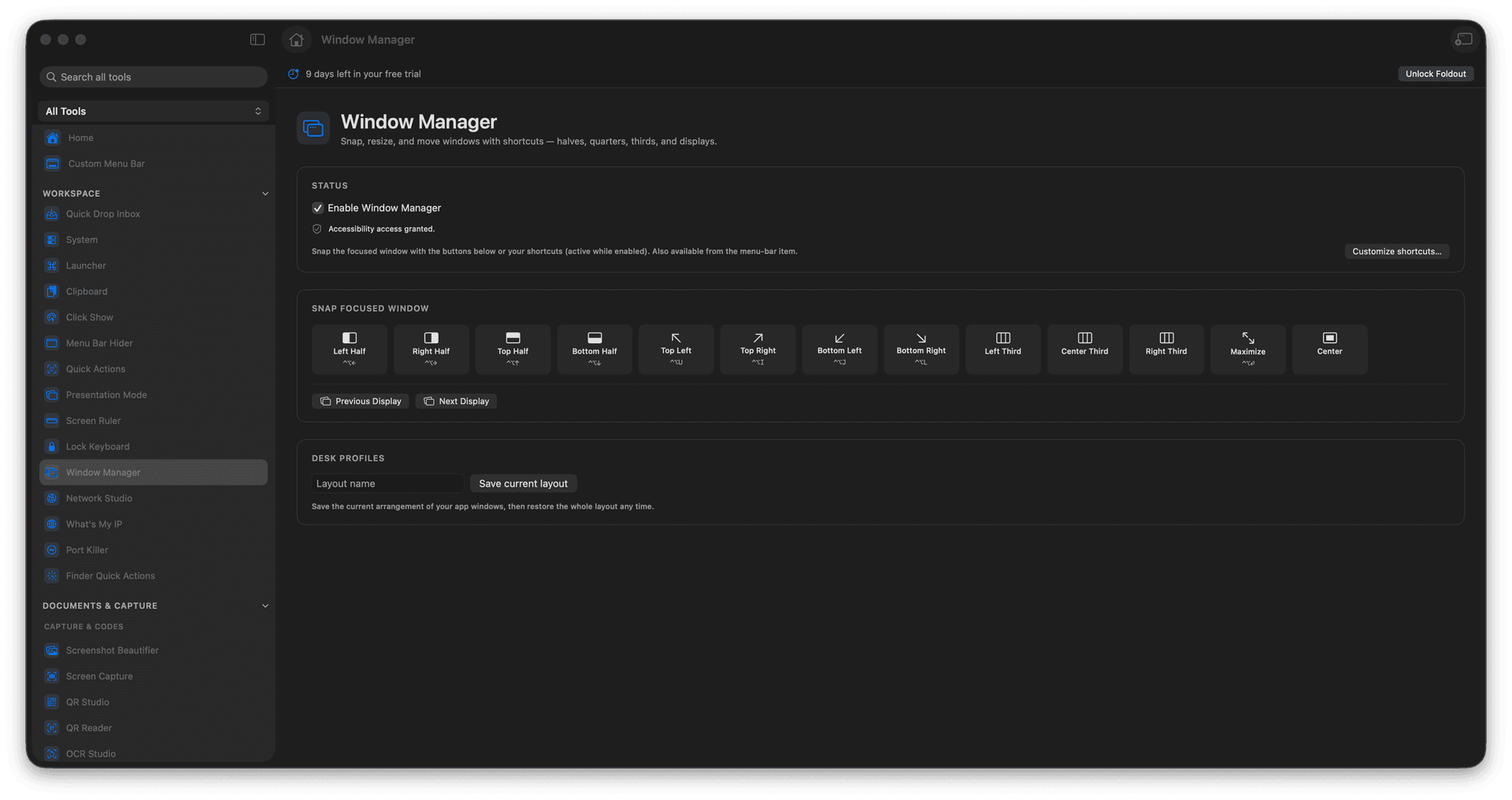 Foldout Snap, resize, and move windows with shortcuts tool screen on macOS
