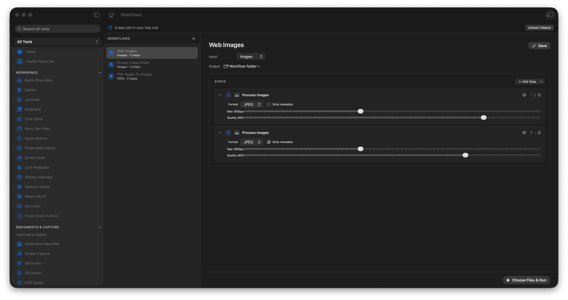 Foldout Save and run multi-step batch recipes tool screen on macOS